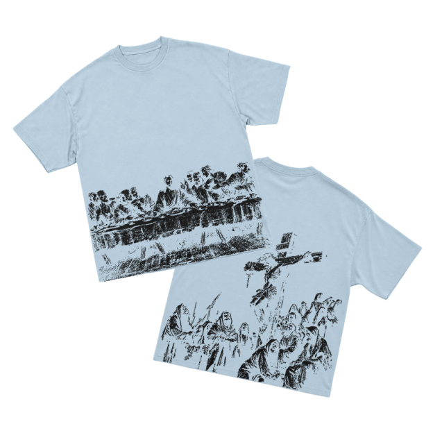 Vintage Artful Ink Wash Style Character Illustration Graphic T-shirt - Light Blue - US16-18(2XL) - image 12
