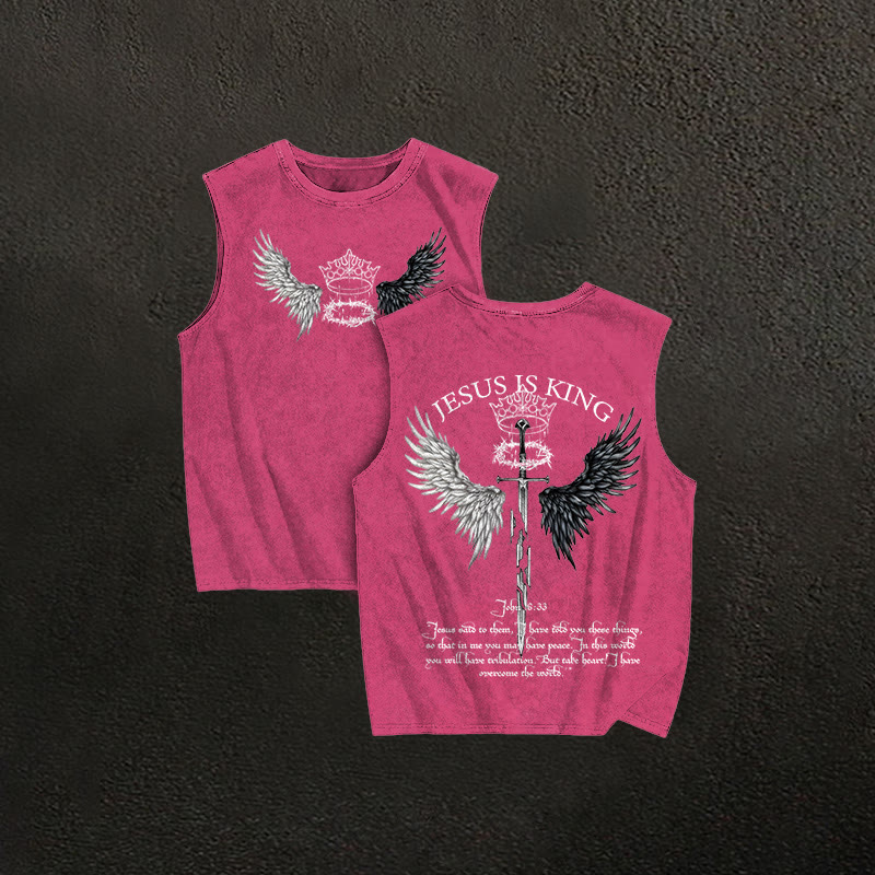 100% Cotton JESUS IS KING Printed Acid Washed Tank Top