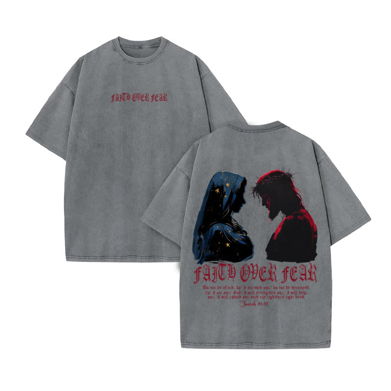 Unisex 100% Cotton FAITH OVER FEAR Print Acid Washed T-shirt