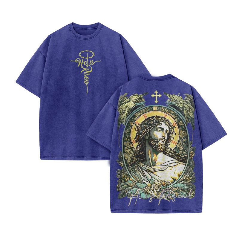 He Is Risen Jesus Print Acid Washed T-shirt - Blue - US20-22(3XL) - image 9