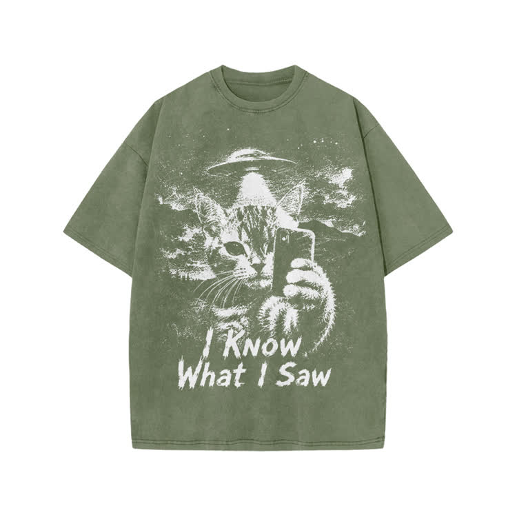 I Know What I Saw Cat Print Washed T-Shirt - Army Green - US20-22(3XL) - image 4