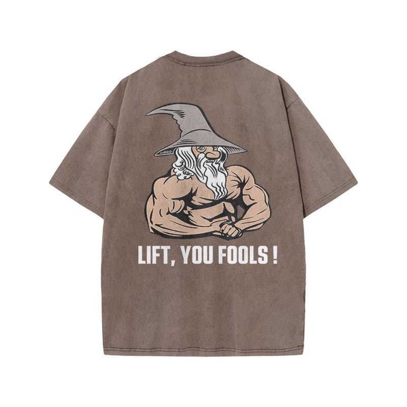 100% Cotton Lift, You Fools! Gym Print Acid Washed T-shirt - Coffee - US20-22(3XL) - image 5