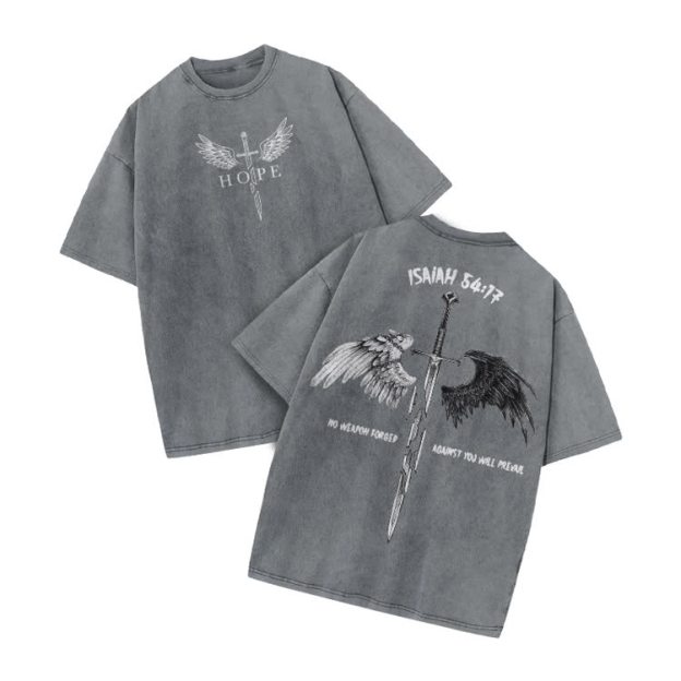 Hope Isaiah 54:17 Print Acid Washed T-shirt - Grey - US20-22(3XL) - image 3