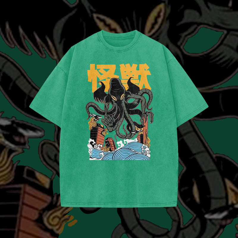 Unisex 100% Cotton Japanese Octopus Monster Print Acid Washed T-shirt