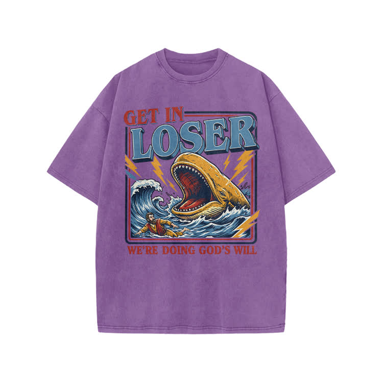 Street Retro Get In Loser Graphic Print Acid Washed T-shirt - Purple - US20-22(3XL) - image 3