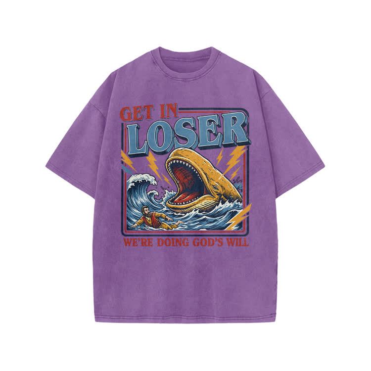 Street Retro Get In Loser Graphic Print Acid Washed T-shirt - Purple - US20-22(3XL) - image 3