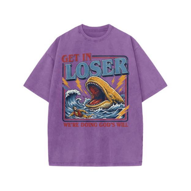 Street Retro Get In Loser Graphic Print Acid Washed T-shirt - Purple - US20-22(3XL) - image 3