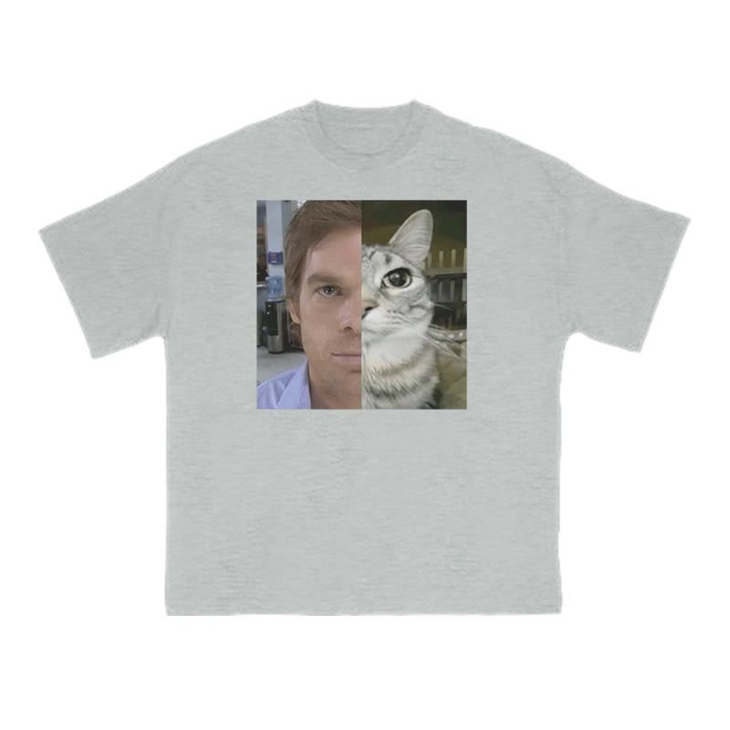 Unisex Patchwork Cat Print T-shirt - Grey - US16-18(2XL) - image 3