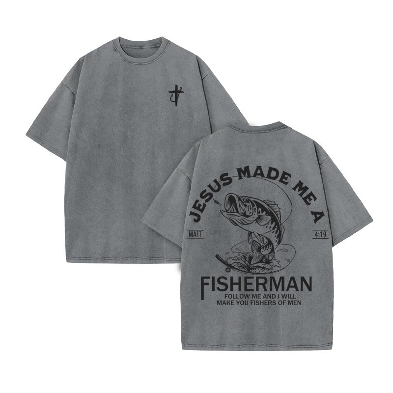 Unisex 100% Cotton Jesus Made Me A Fisherman  Print Acid Washed T-shirt - Grey - US20-22(3XL) - image 3
