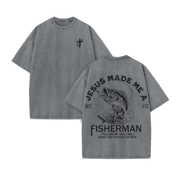 Unisex 100% Cotton Jesus Made Me A Fisherman  Print Acid Washed T-shirt - Grey - US20-22(3XL) - image 3