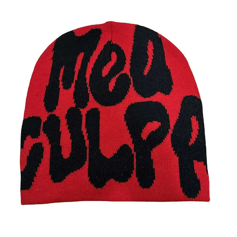 Mea Culpa Pattern Knit Hat - Red Black - one size - image 18