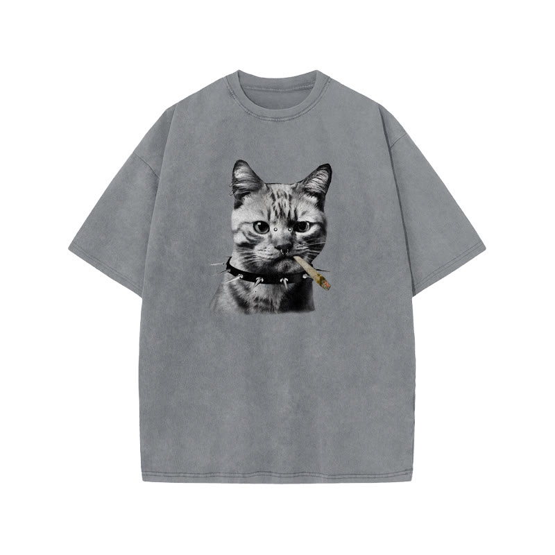 Unisex 100% Cotton Provoking The Cat Print Acid Washed T-shirt - Grey - US20-22(3XL) - image 4