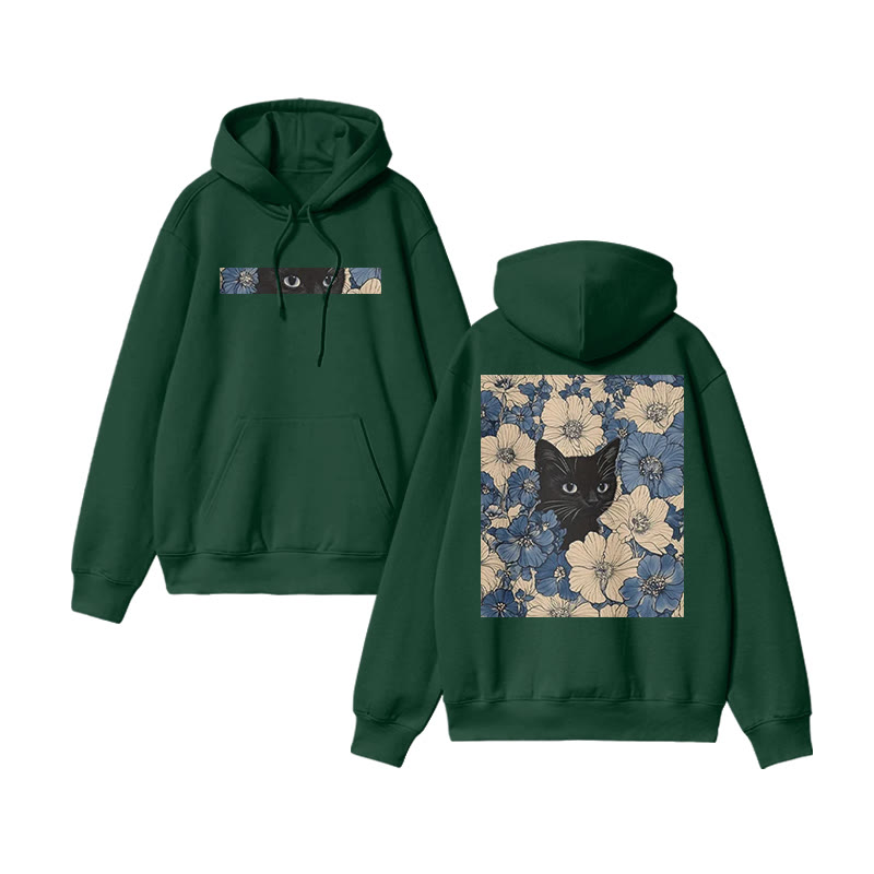 Black Cat In A Patchwork Flower Field Print Hoodie - Dark Green - US16-18(2XL) - image 7