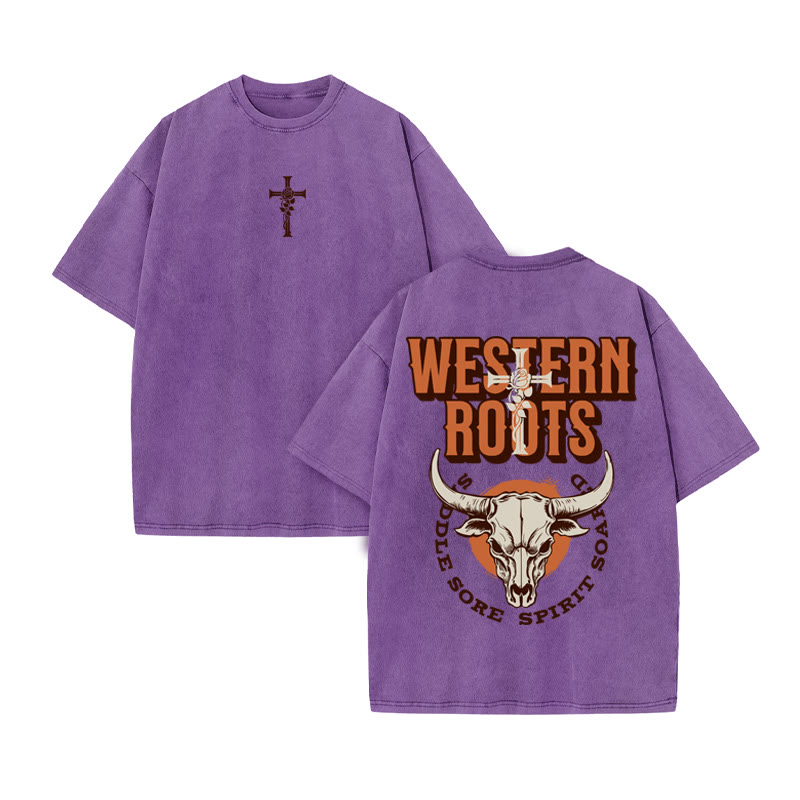 Unisex 100% Cotton WESTERN ROOTS Western Style Print Acid Washed T-shirt