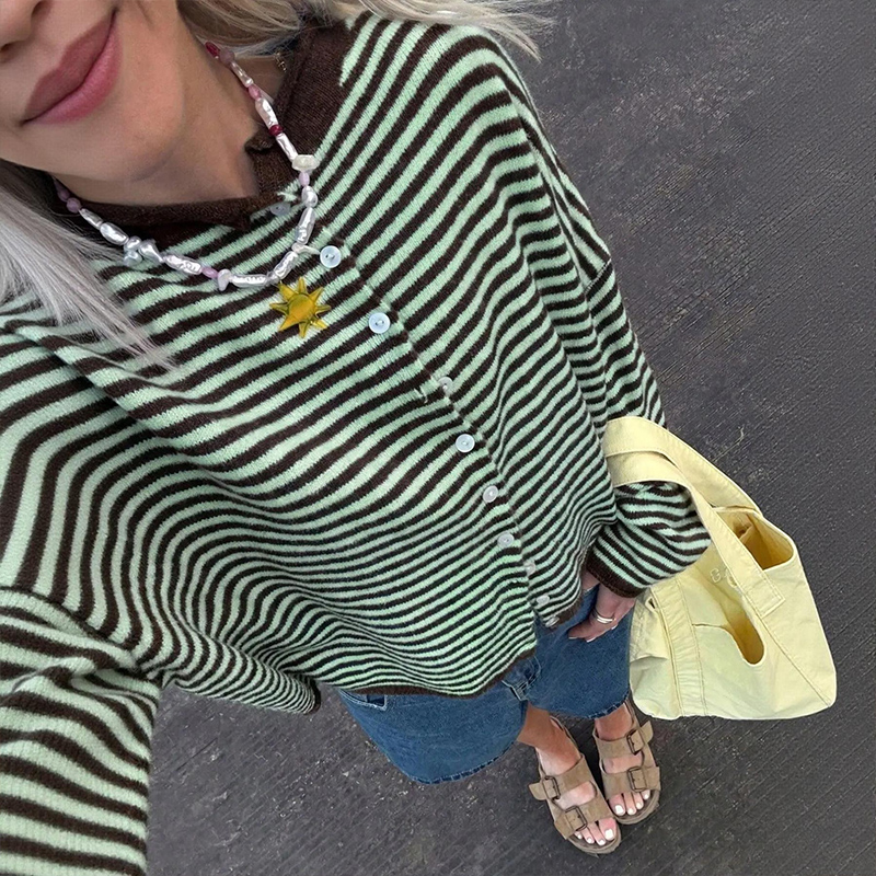 Women's Coastal Striped Knit Button Front Cardigan Sweater - Green - 3XL - image 17