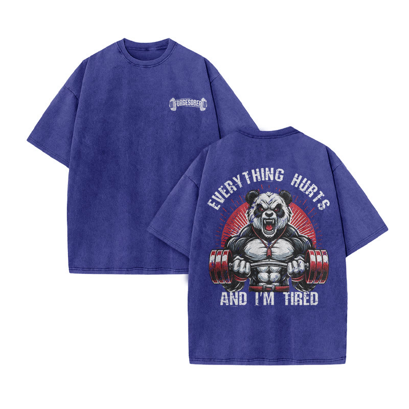 100% Cotton Everything Hurts And I'm Tired Gym Print Acid Washed T-shirt - Blue - US20-22(3XL) - image 9