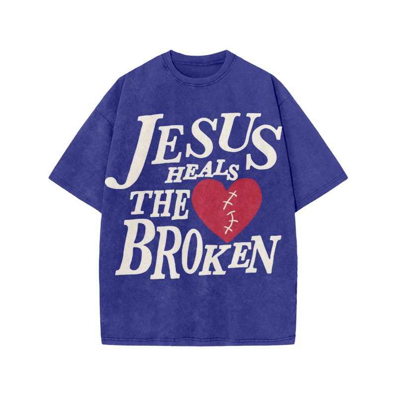 Unisex Jesus Heals The Broken Print Acid Washed T-shirt - Blue - US20-22(3XL) - image 10