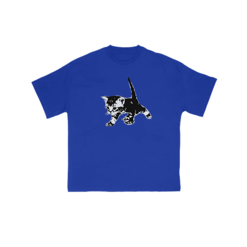 Unisex 100% Cotton Cute Cat Art Print T-shirt - Blue - US16-18(2XL) - image 7