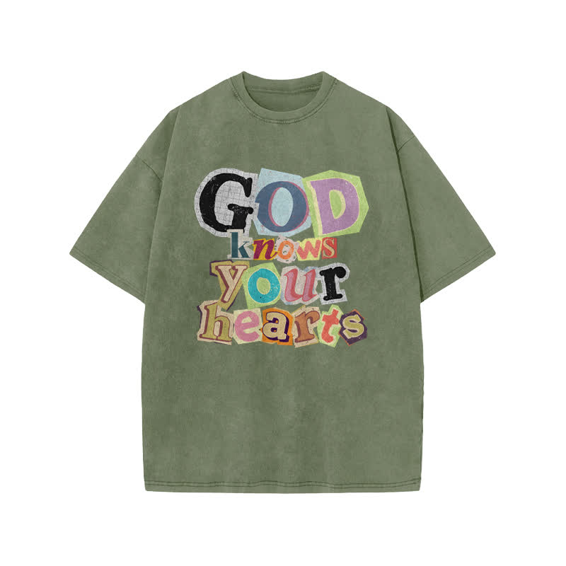 Unisex God Knows Your Hearts Print Acid Washed T-shirt - Army Green - US20-22(3XL) - image 5