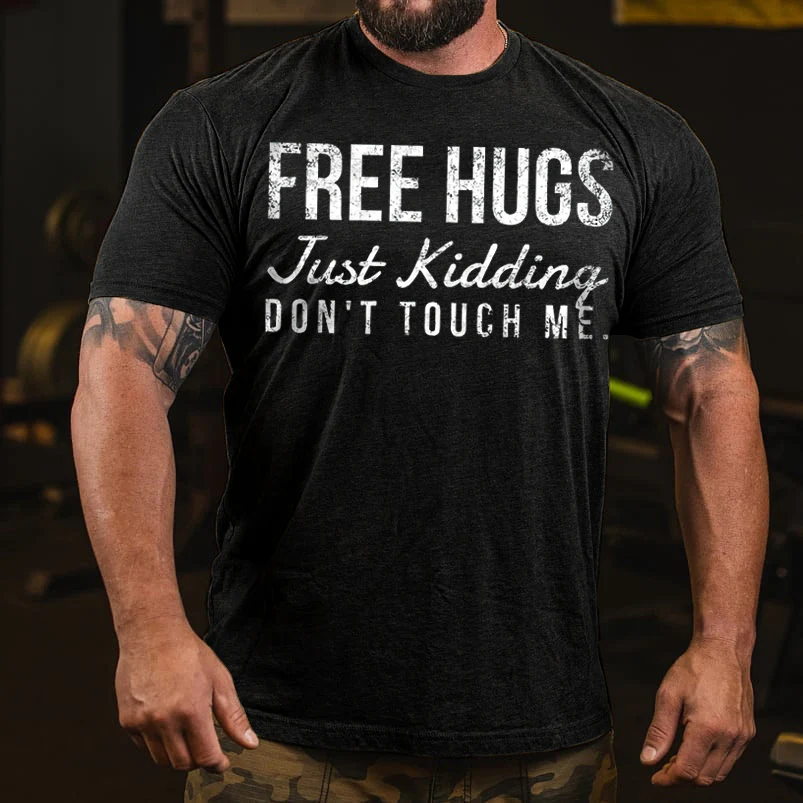 Letter Free Hugs Just Kidding Don't Touch Me Fun Monogramme T-shirt - Black - 2XL - image 1