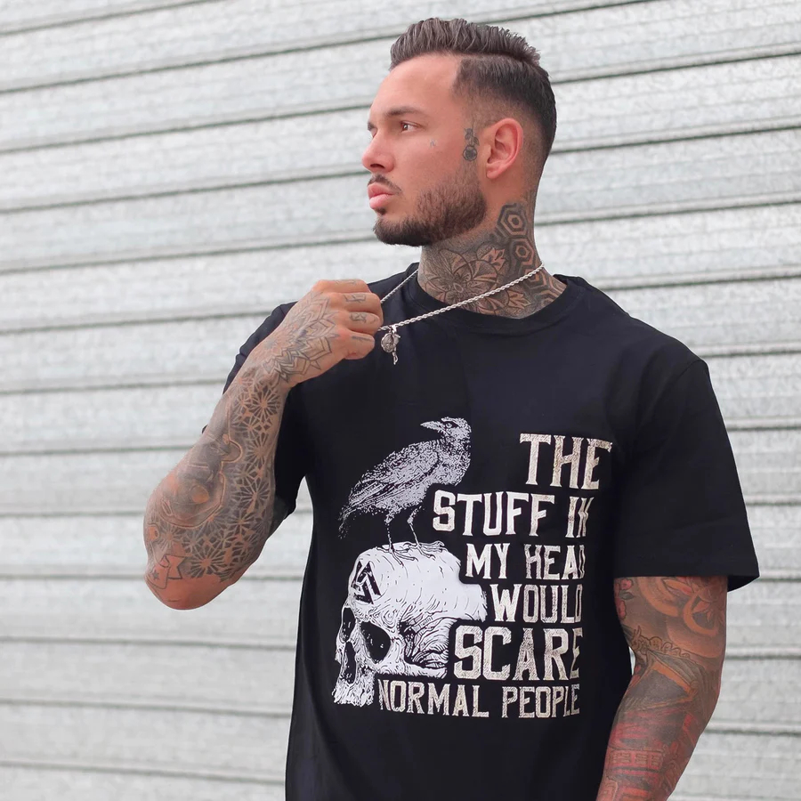 THE STUFF IN MY HEAD letter skull print men's casual tees designer - Black - 2XL - image 1