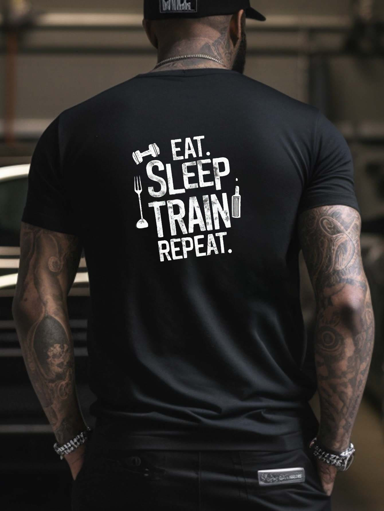 Eat Sleep Train Repeat Print Tees For Men, Casual Quick Drying Breathable T-shirt - Black - 2XL - image 1