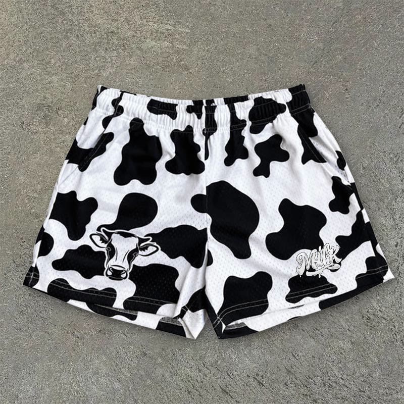Milk Cow Print Mesh Shorts