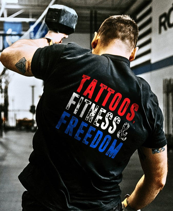 Tattoos Fitness Freedom Printed Men's T-shirt - Black - 2XL - image 1