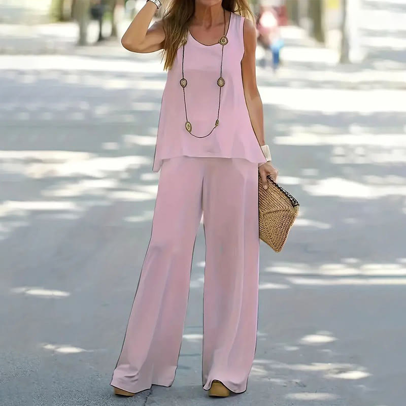 Sleeveless Solid Color Top & Loose Pants Two-piece Set - Pink - 2XL - image 2