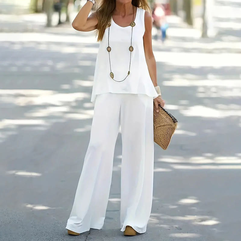 Sleeveless Solid Color Top & Loose Pants Two-piece Set - White - 2XL - image 1