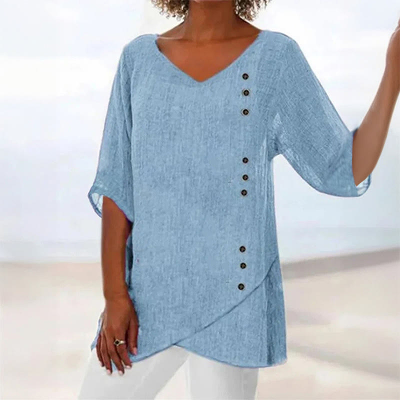Women's  Casual V Neck Half Sleeve Buttoned Solid Blouse - Blue - 2XL - image 1