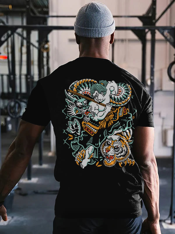Samurai Vs Dragon Vs Tiger Printed T-shirt - Black - 2XL - image 1