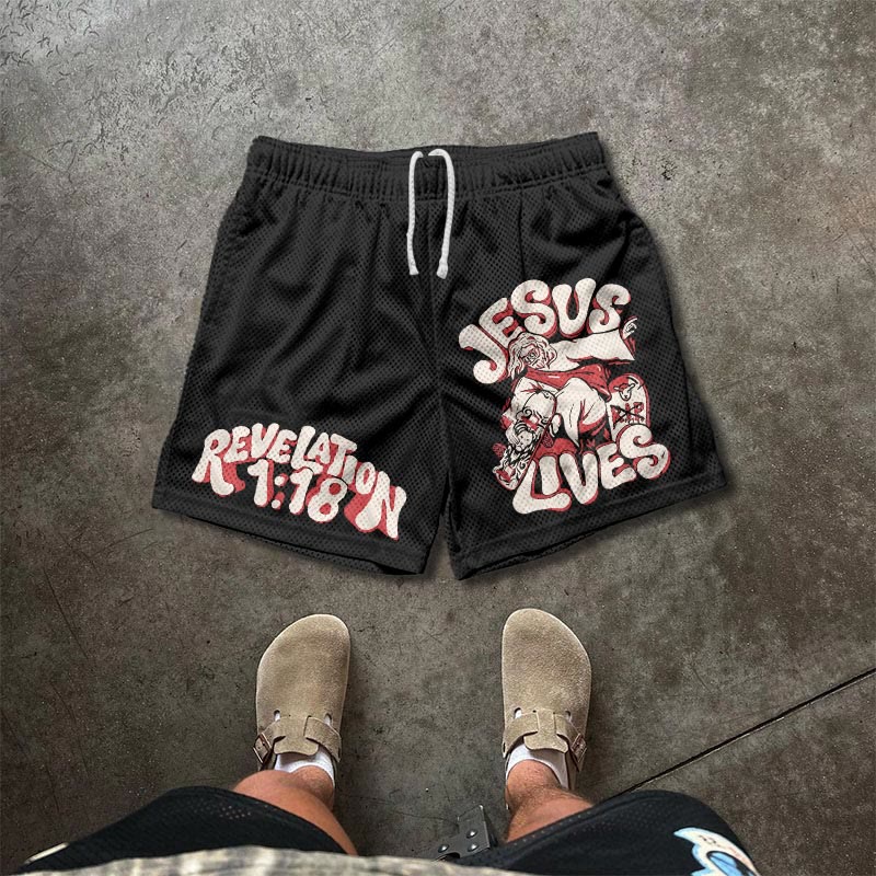 Jesus Lives Print Mesh Shorts