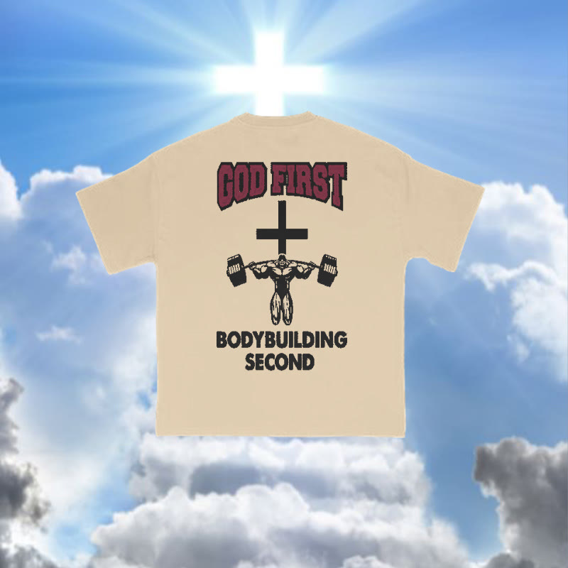 100% Cotton God First Body Building Second Print T-shirt - Apricot - 2XL - image 2