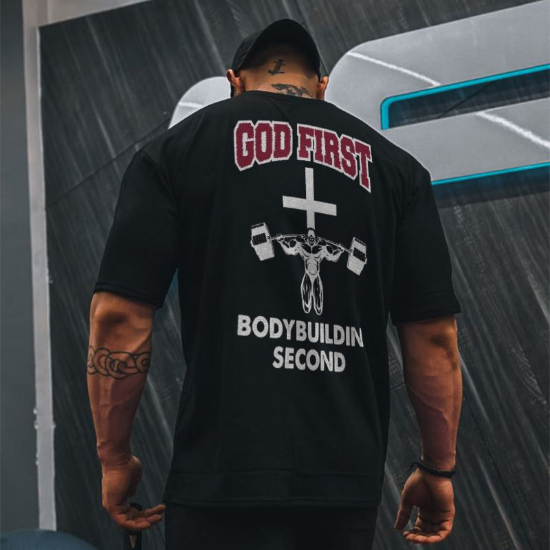 100% Cotton God First Body Building Second Print T-shirt - image 1