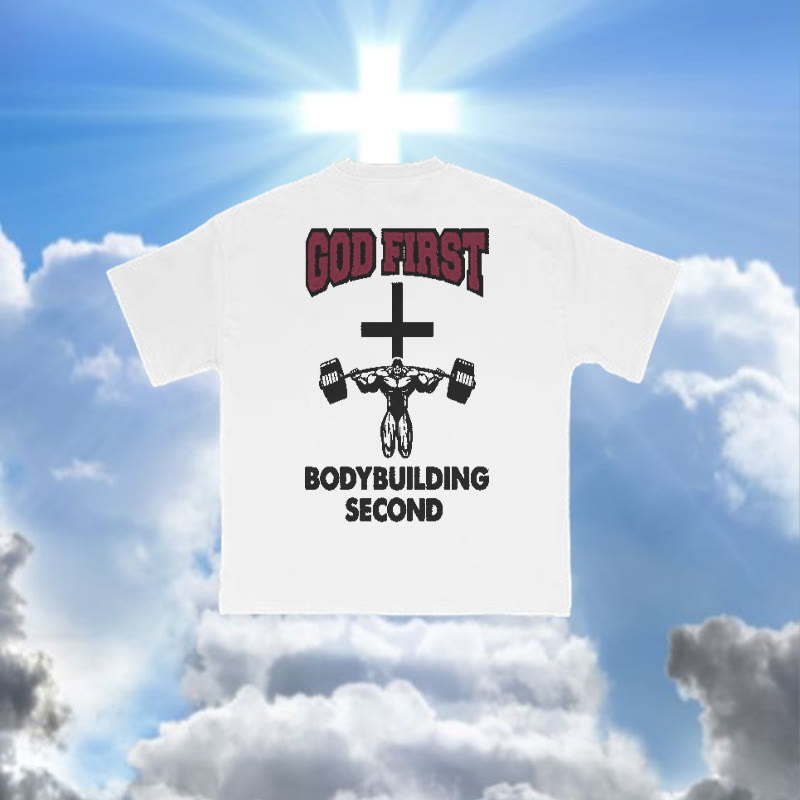 100% Cotton God First Body Building Second Print T-shirt - White - 2XL - image 3