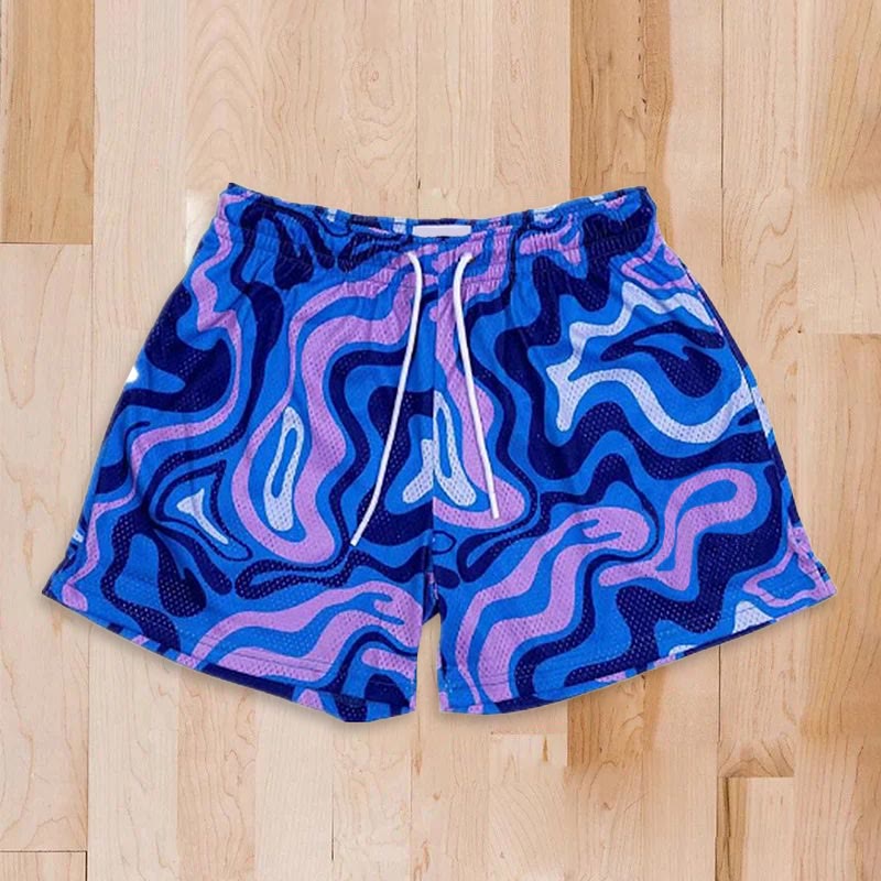 Street Style Blue Ombre Abstract Lines Print Mesh Shorts
