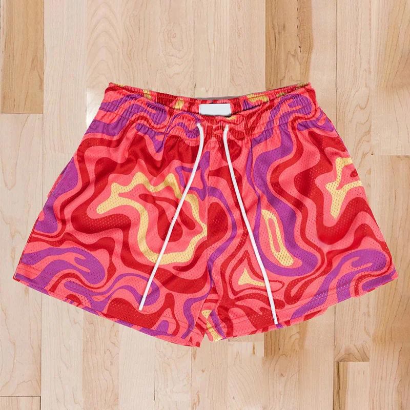 Street Style Red Ombre Abstract Lines Print Mesh Shorts