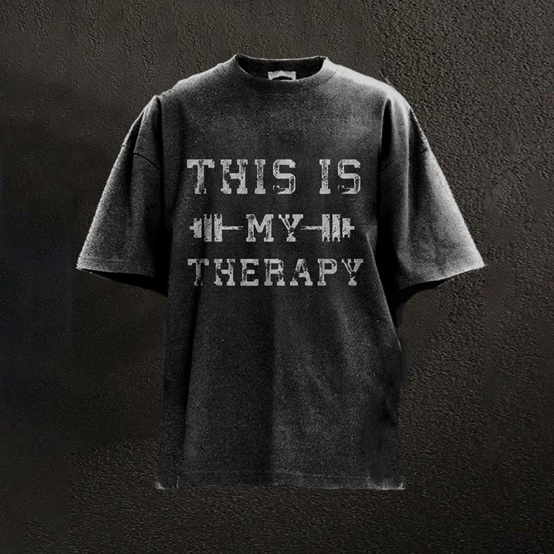 100% Cotton This Is My Therapy Printed Washed Gym T-shirt - Black - 2XL - image 3