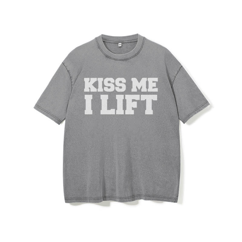 100% Cotton Kiss Me I Lift Printed Washed Gym T-shirt - image 8