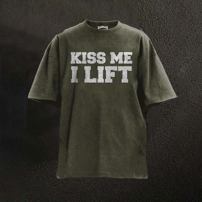 100% Cotton Kiss Me I Lift Printed Washed Gym T-shirt - Dark Green - 2XL - image 2