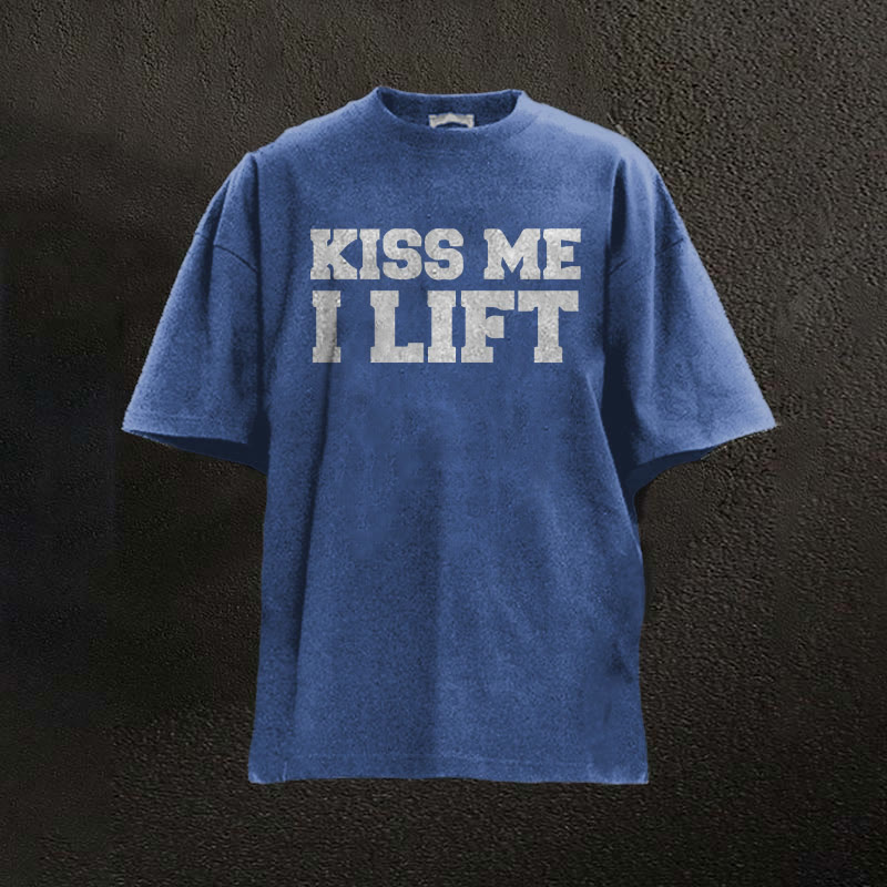 100% Cotton Kiss Me I Lift Printed Washed Gym T-shirt - Blue - 2XL - image 1