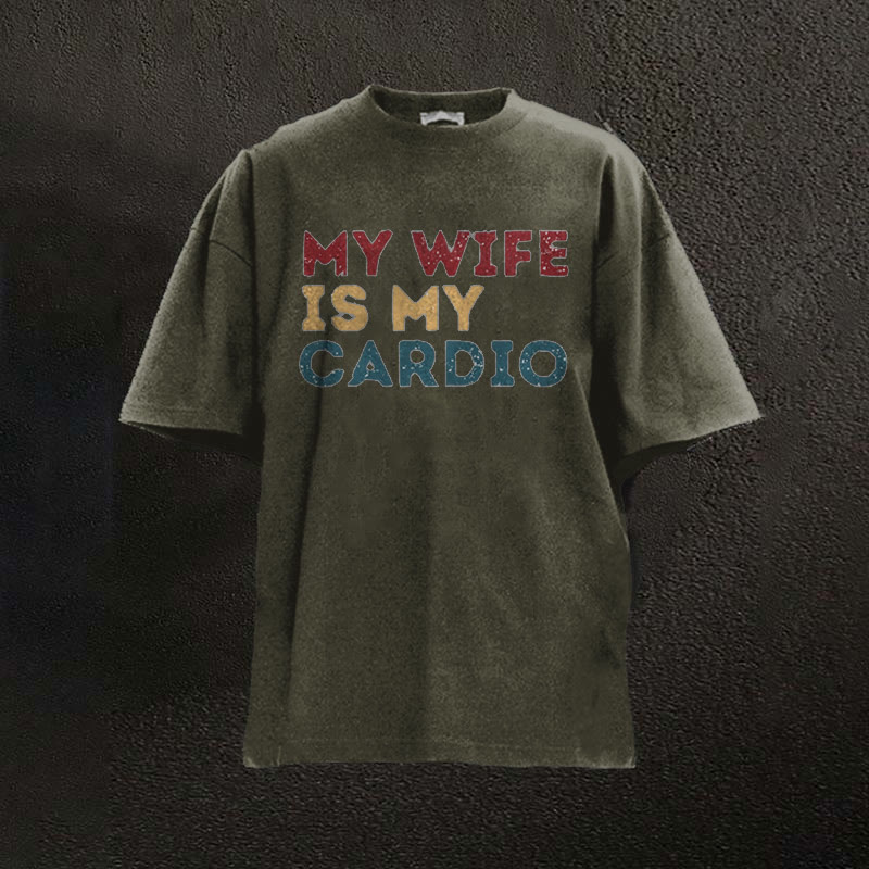 100% Cotton My Wife Is My Cardio Printed Washed Gym T-shirt - Dark Green - 2XL - image 2