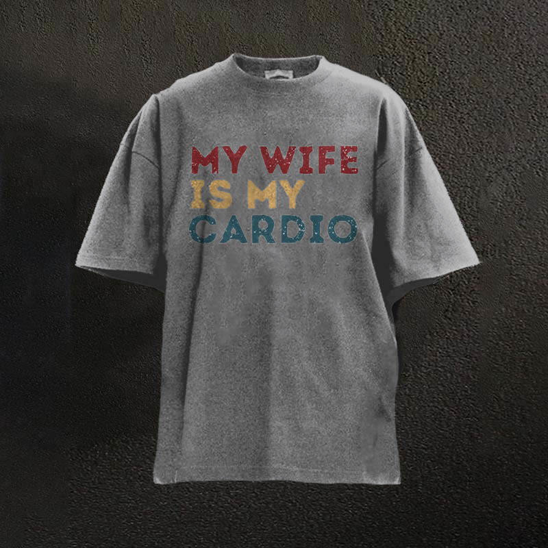 100% Cotton My Wife Is My Cardio Printed Washed Gym T-shirt - Grey - 2XL - image 1