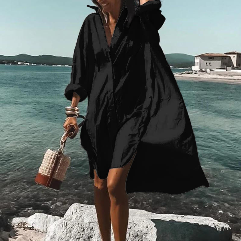 Women's Vintage Simple Solid Color Vacation Vintage Print Shirt Dress - Black - 5XL - image 2