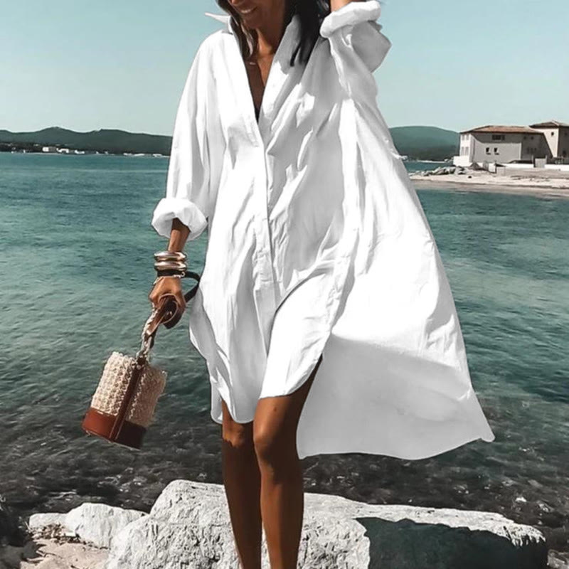 Women's Vintage Simple Solid Color Vacation Vintage Print Shirt Dress - White - 5XL - image 1
