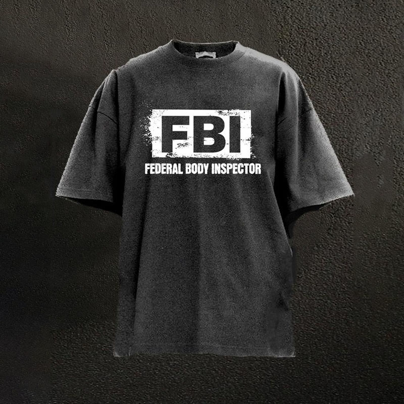 100% Cotton Fbi Federal Body Inspector Printed Washed Gym T-shirt - Black - 2XL - image 2