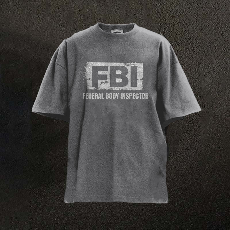 100% Cotton Fbi Federal Body Inspector Printed Washed Gym T-shirt - Grey - 2XL - image 1