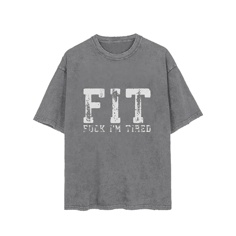 100% Cotton Fit Fuck I'm Tired Printed Washed Gym T-shirt - Grey - 2XL - image 3