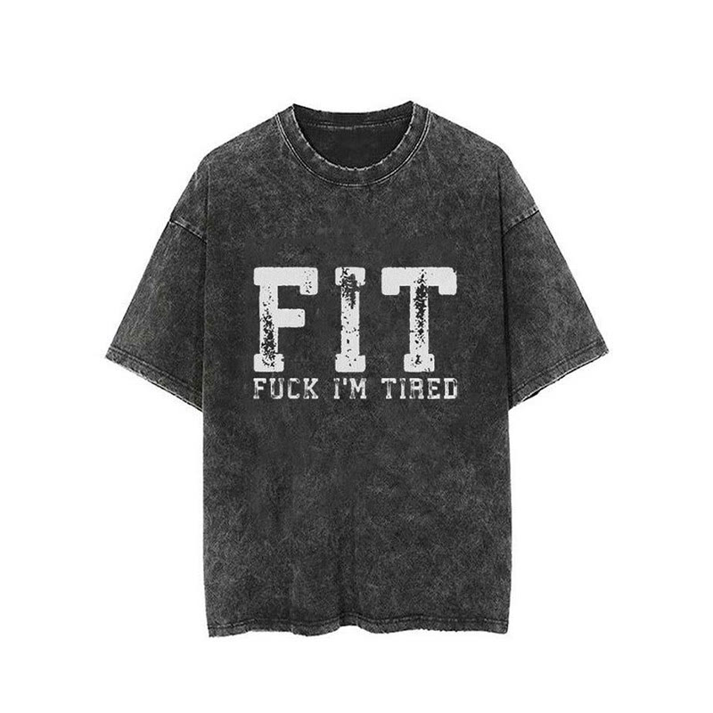 100% Cotton Fit Fuck I'm Tired Printed Washed Gym T-shirt - Black - 2XL - image 2